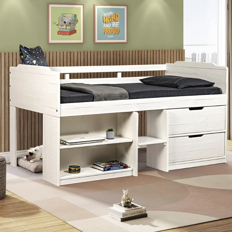 Cama Solteiro Multifuncional Malta Madeira Maciça Branco - Casatema