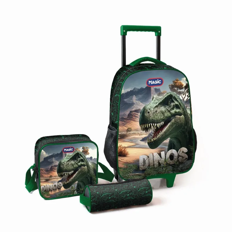 Mochila De Rodinhas Com Estojo e Lancheira Magic Dinos