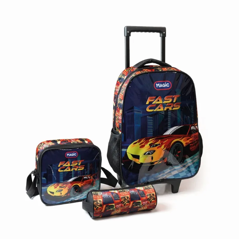 Mochila Rodinha Magic Kids Com Lancheira e Estojo Fast Cars