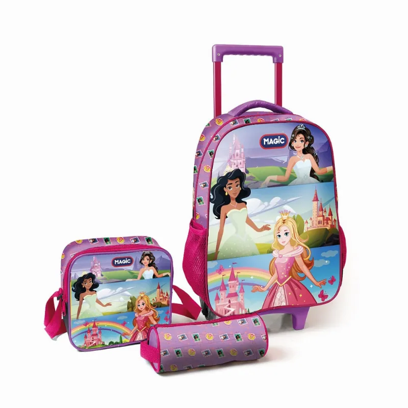 Mochila De Rodinhas Com Estojo e Lancheira Magic Princesas