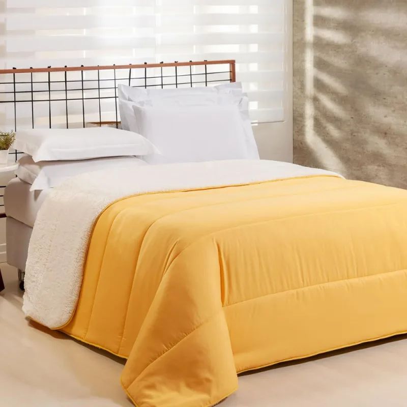 Edredom Queen Coberdrom Flupy Percal/Sherpa 1 Peça - Amarelo - CASA MODELO E TÔ DECORANDO