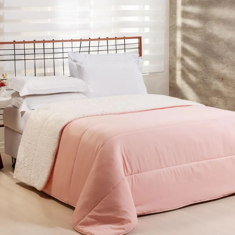 Edredom Queen Coberdrom Flupy Percal/Sherpa 1 Peça - Rosa - CASA MODELO E TÔ DECORANDO