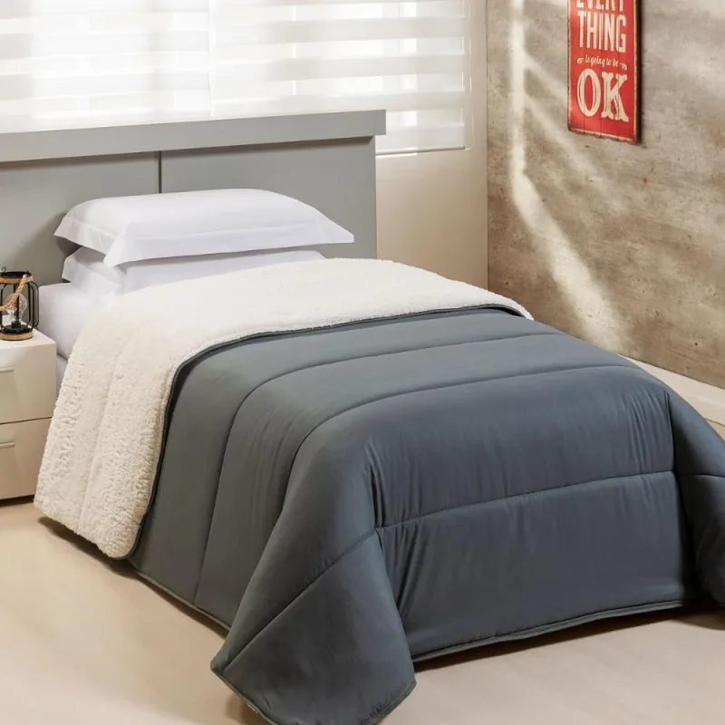 Edredom Solteiro Coberdrom Flupy Percal/Sherpa 1 Peça - Chumbo - CASA MODELO E TÔ DECORANDO - Cama, Mesa E Banho