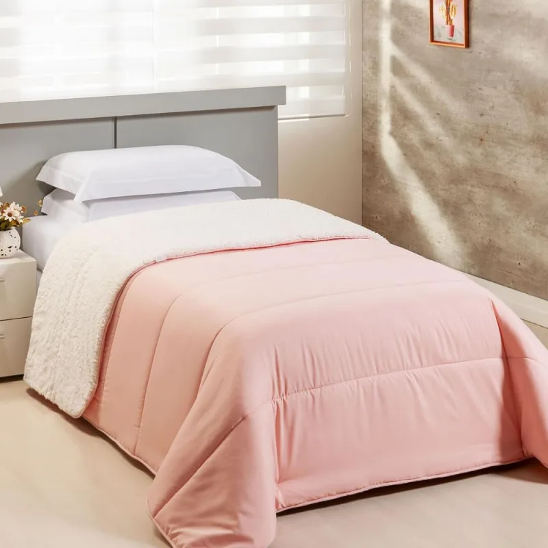 Edredom Solteiro Coberdrom Flupy Percal/Sherpa 1 Peça - Rosa - CASA MODELO E TÔ DECORANDO