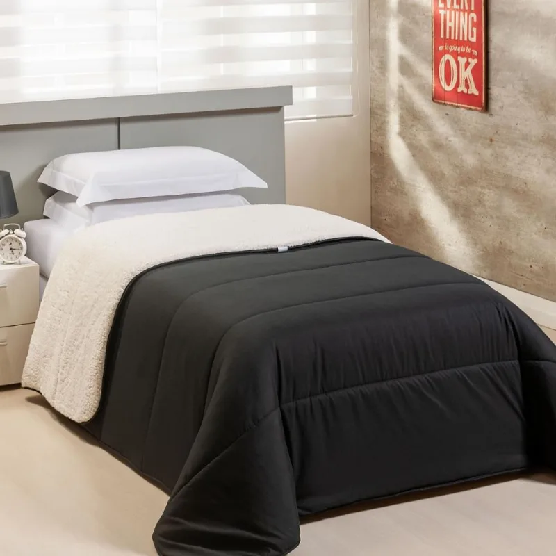 Edredom Solteiro Coberdrom Flupy Percal/Sherpa 1 Peça - Preto - CASA MODELO E TÔ DECORANDO