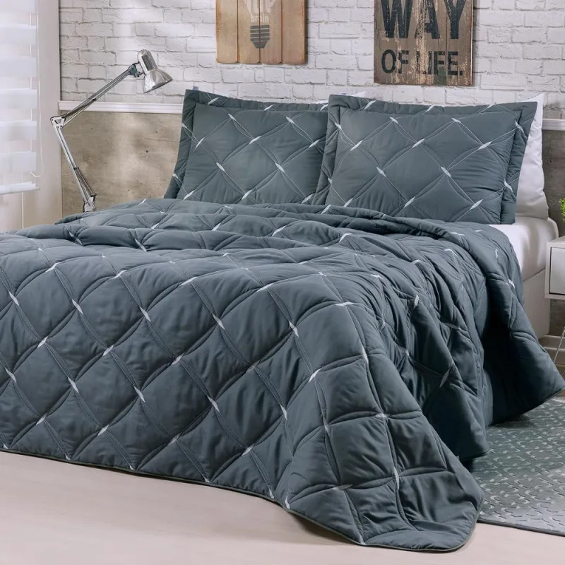 Cobre Leito 3 Peças QUEEN Bordado Percal 200 Fios Unique - Casa Modelo Enxovais