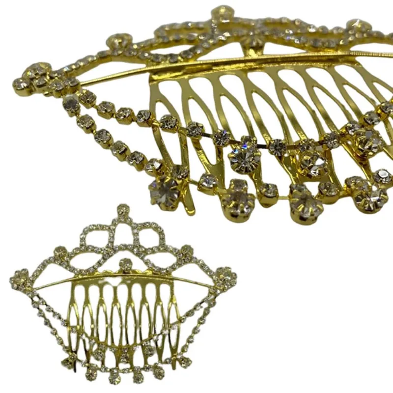 Mini Coroa Pente Delicada Dourada Com Strass e Pendurados