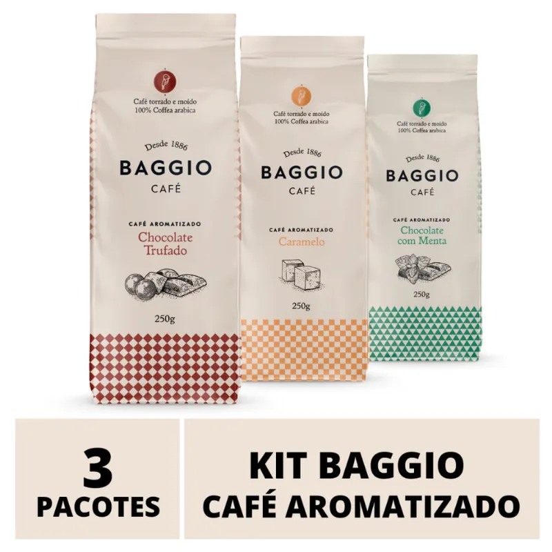 Café Em Pó Baggio, 3 Pacotes, 750g, Chocolate Trufado, Menta e Caramelo, Café Moído Aromatizado Gourmet Arábica