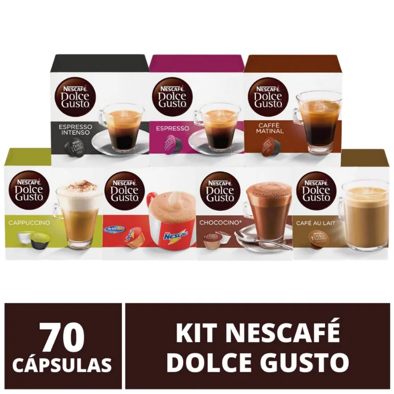 70 Capsulas Dolce Gusto, Capsula Café, Espresso, Nescau, Cappuccino, Chococino, Café Au Lait