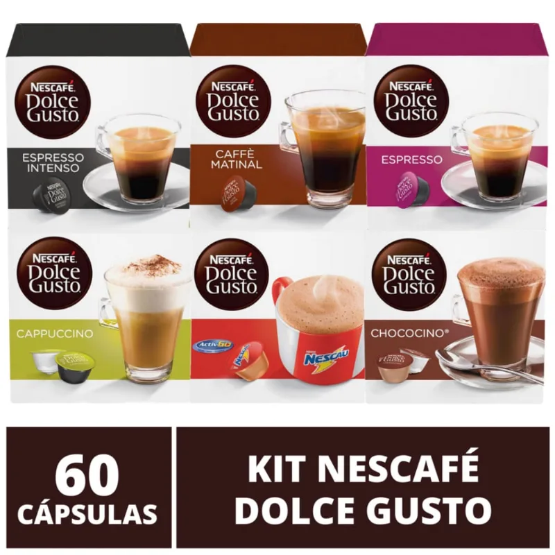60 Capsulas Dolce Gusto, Capsula Café, Espresso, Nescau, Cappuccino, Chococino