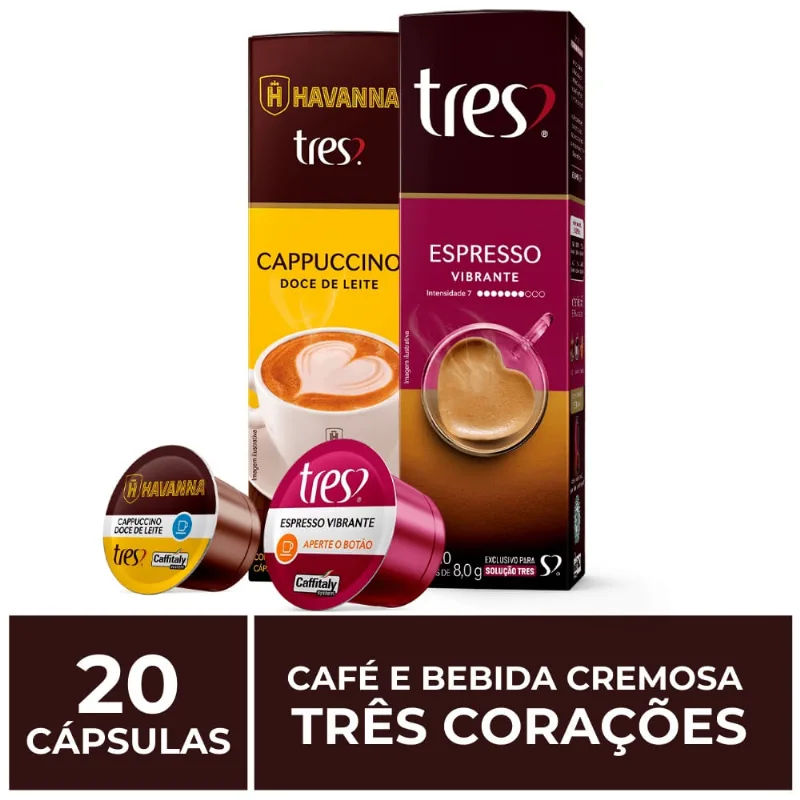 20 Cápsulas Três Corações, Café e Bebida Cremosa