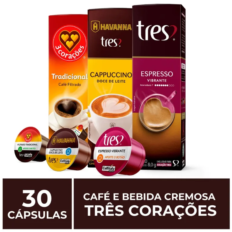 30 Cápsulas Três Corações, Café e Bebida Cremosa