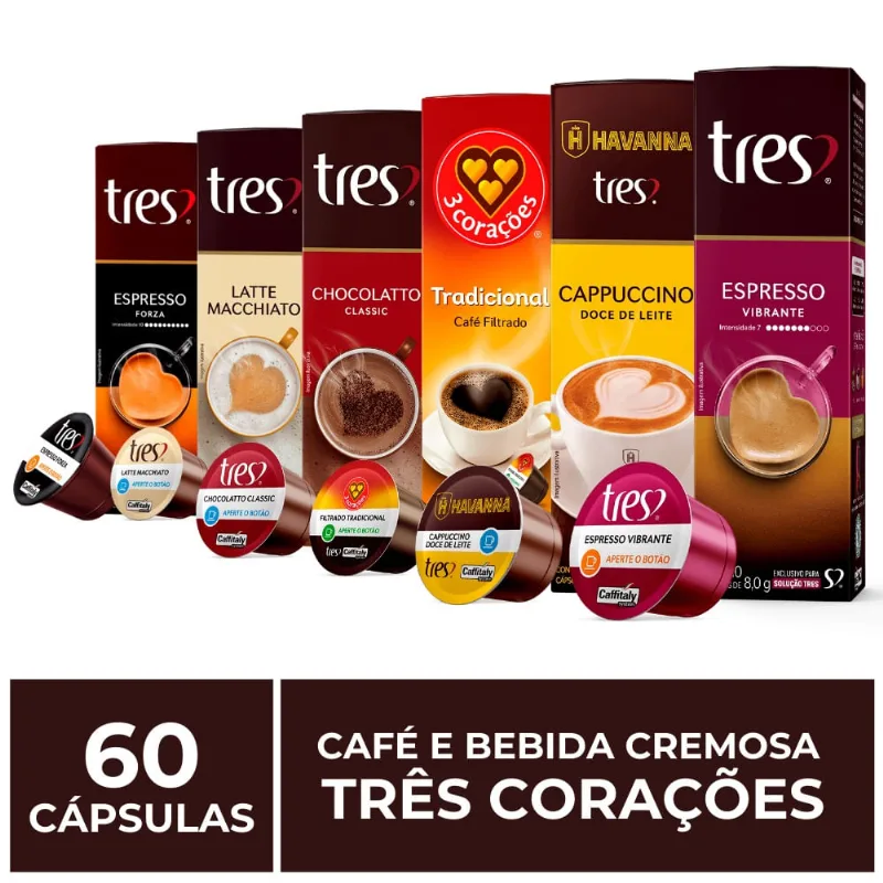 60 Cápsulas Três Corações, Café e Bebida Cremosa