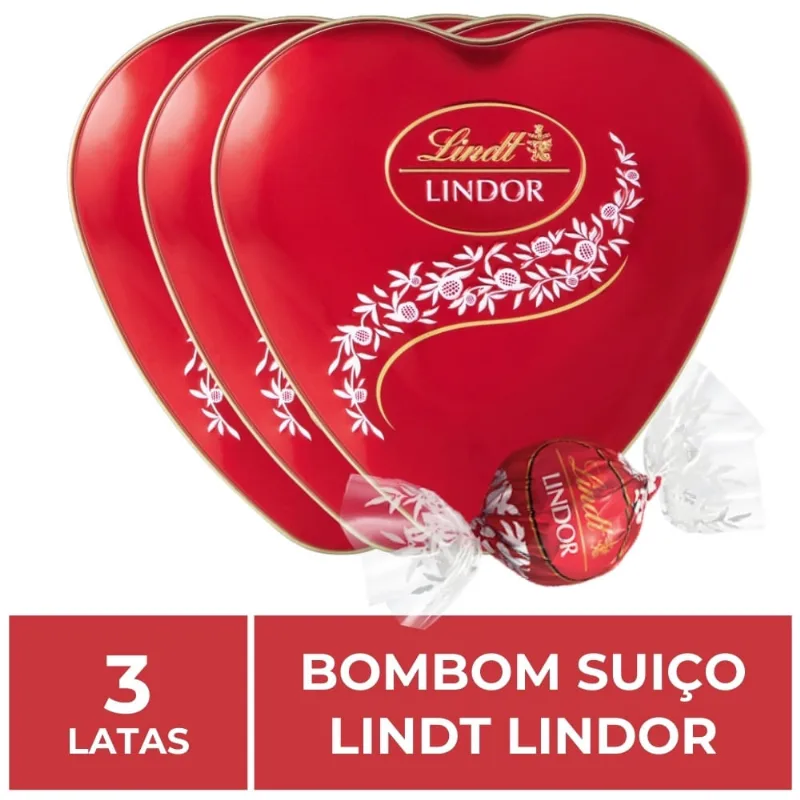 Bombom de Chocolate Suiço Lindt Lindor, 3 Latas Coração 50g