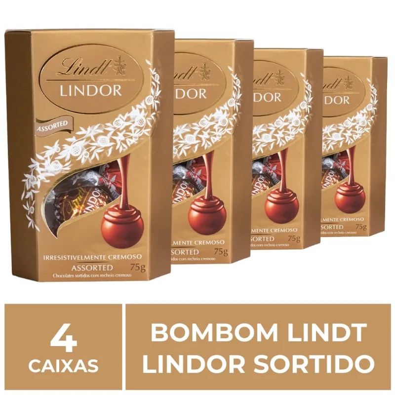 Bombom de Chocolate Suço Lindt Lindor Sortido, 4 Caixas 75G