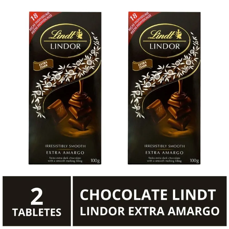 Chocolate Lindt Lindor, Extra Amargo, 2 barras de 100g