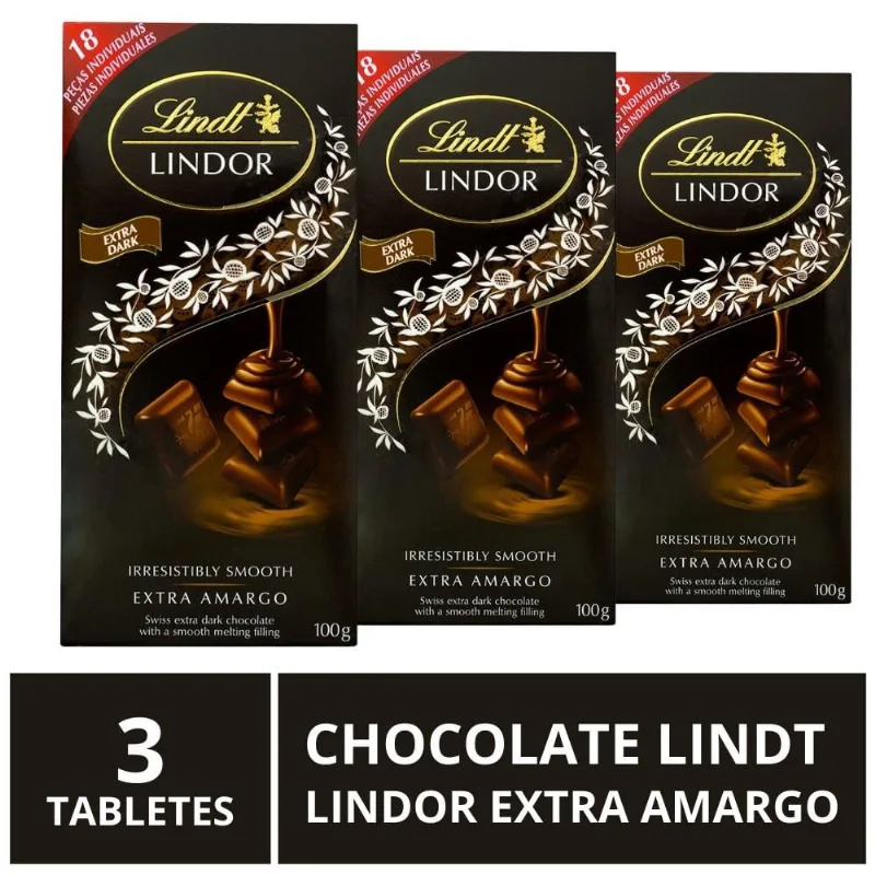 Chocolate Lindt Lindor, Extra Amargo, 3 Barras de 100g