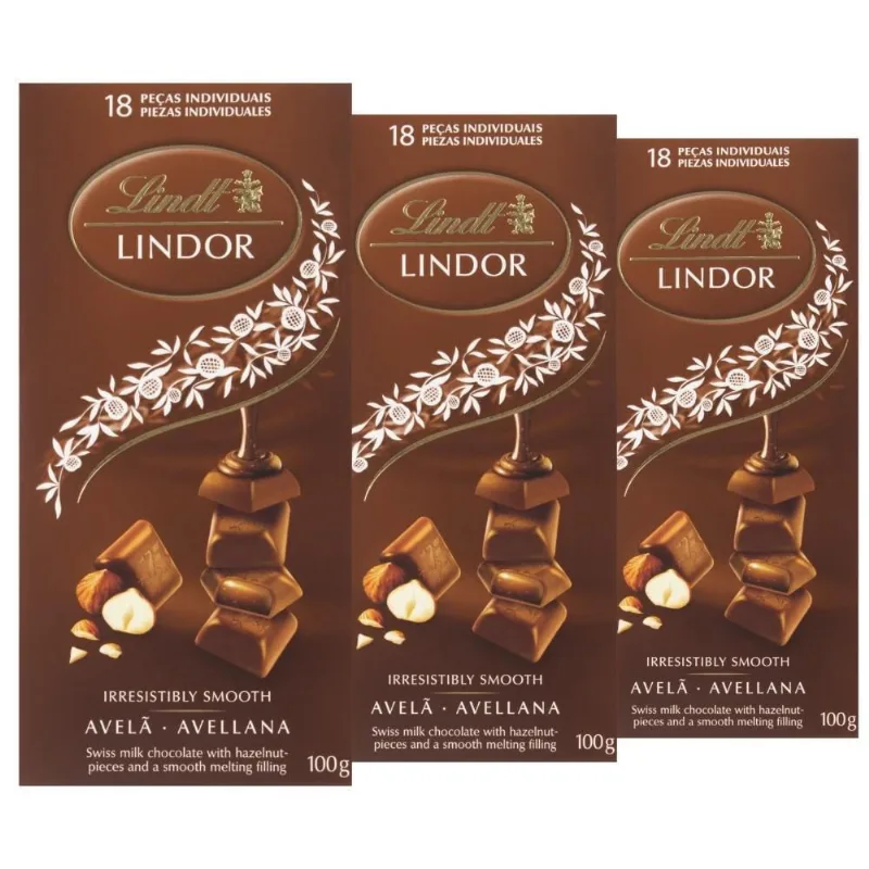 Chocolate Ao Leite Com Avelã, Lindt Lindor, 3 Barras De 100G