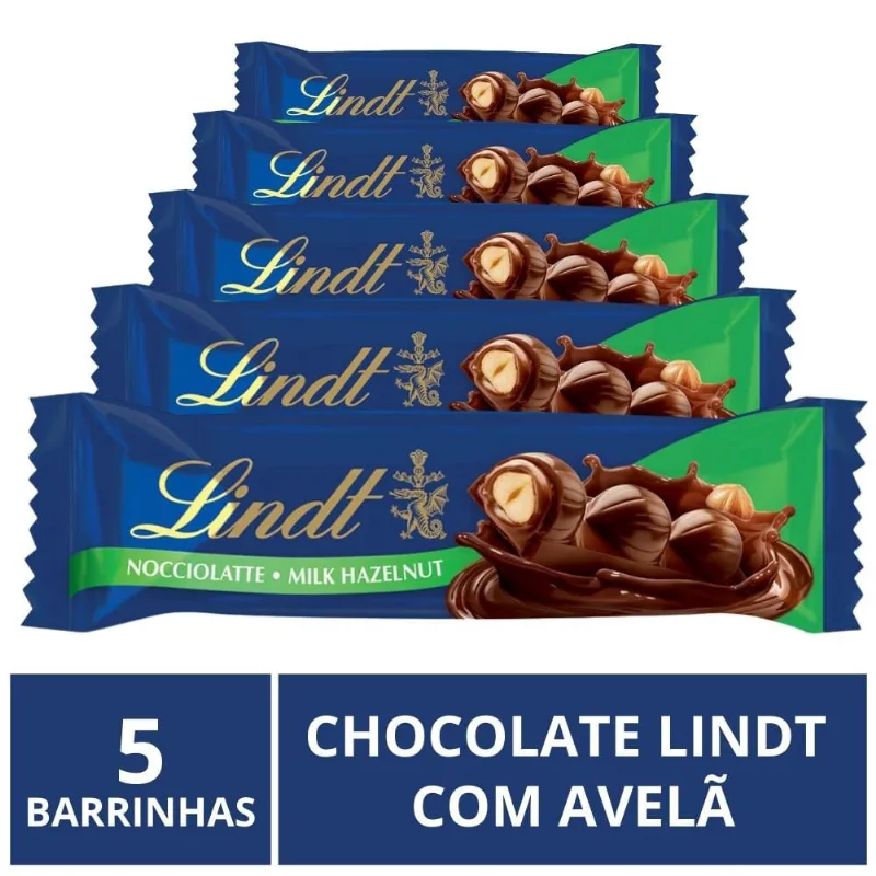 Chocolate Lindt Barra, Ao Leite c/ Avelã, 5 Barrinhas de 35g