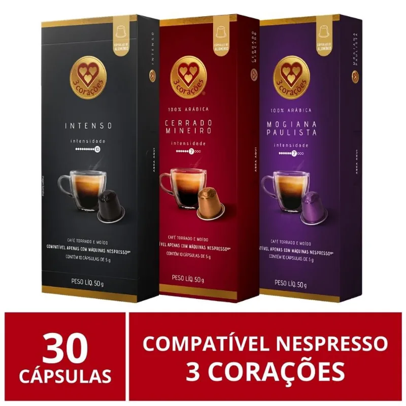 30 Cápsulas para Nespresso, 3 Corações, Café