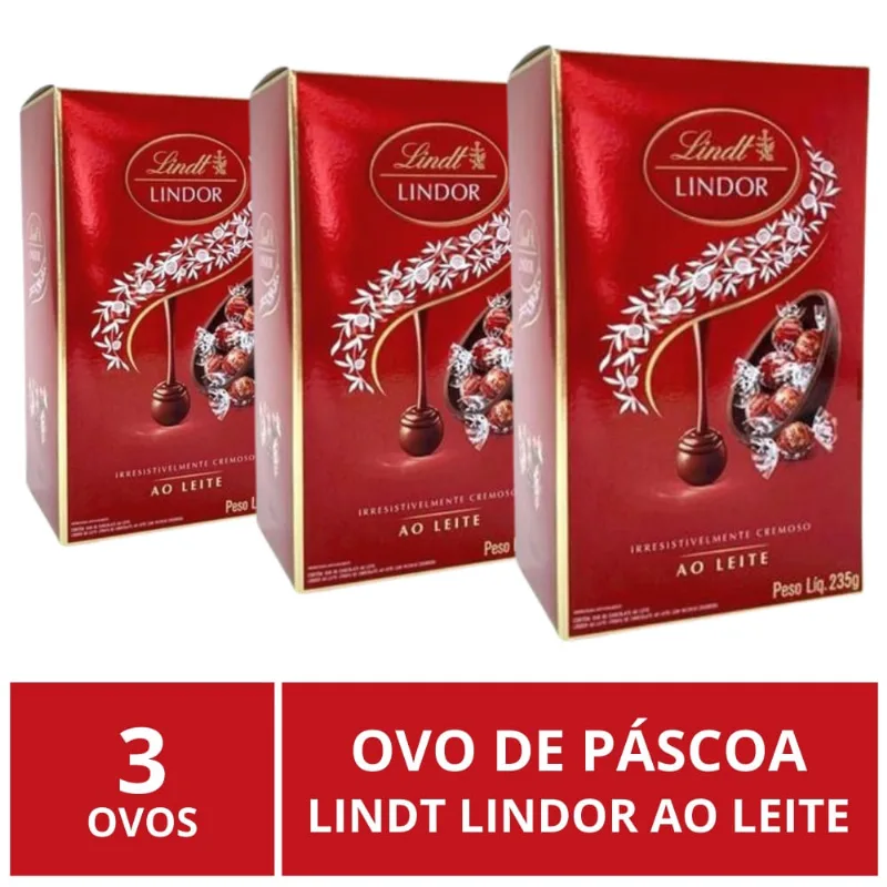 3 Ovos de Páscoa, Lindt Lindor, Chocolate Ao Leite, 235g