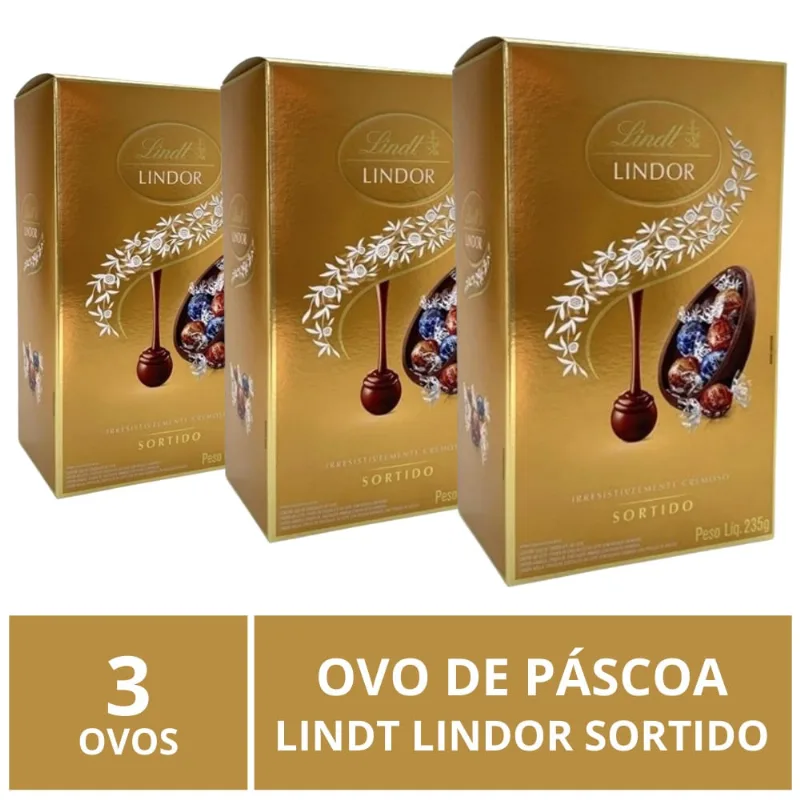 3 Ovos de Páscoa, Lindt Lindor, Chocolate Sortido, 235g