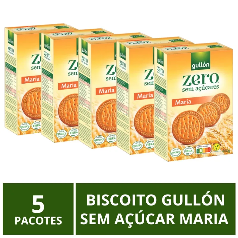 Biscoito Gullón Sem Açúcar, Maria, 5 Pacotes de 400g