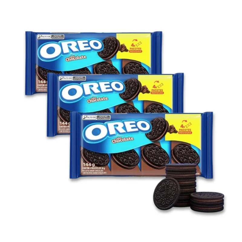 Biscoito Oreo Recheado Chocolate Kit 3 packs de 144g