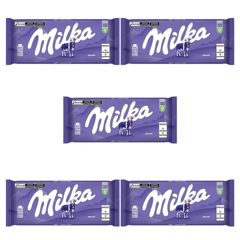 Chocolate Milka Leite Alpino Barra Kit Com 5 Unid De 100G