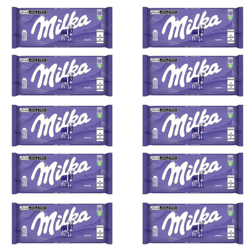 Chocolate Milka Leite Alpino Barra Kit Com 10 Unid De 100G
