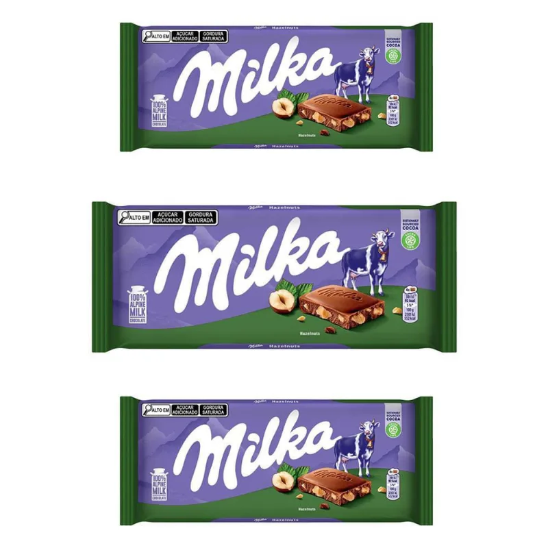 Chocolate Milka Pedaços De Avelã Kit Com 3 Barras De 100G
