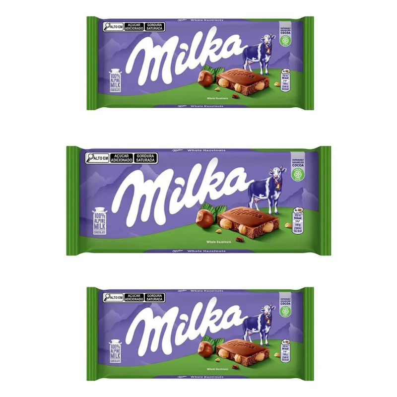 Chocolate Milka Avelãs Inteiras Barra Kit Com 3 Unid De 100G