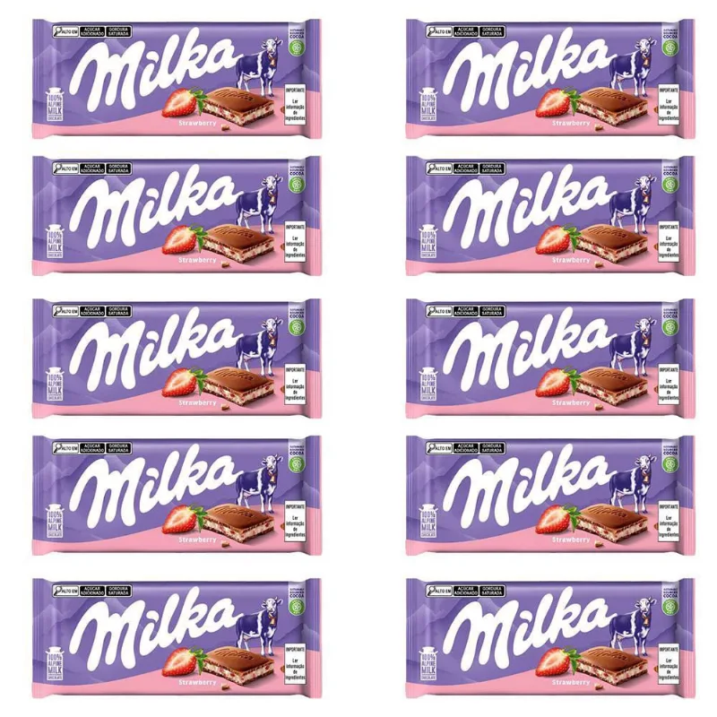 Chocolate Milka Morango Barra Kit Com 10 Unidades De 100G