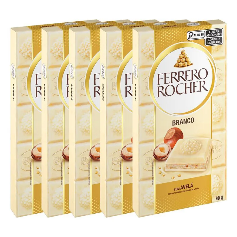 Chocolate Ferrero Rocher Branco Avelã Kit 5 Barras De 90G