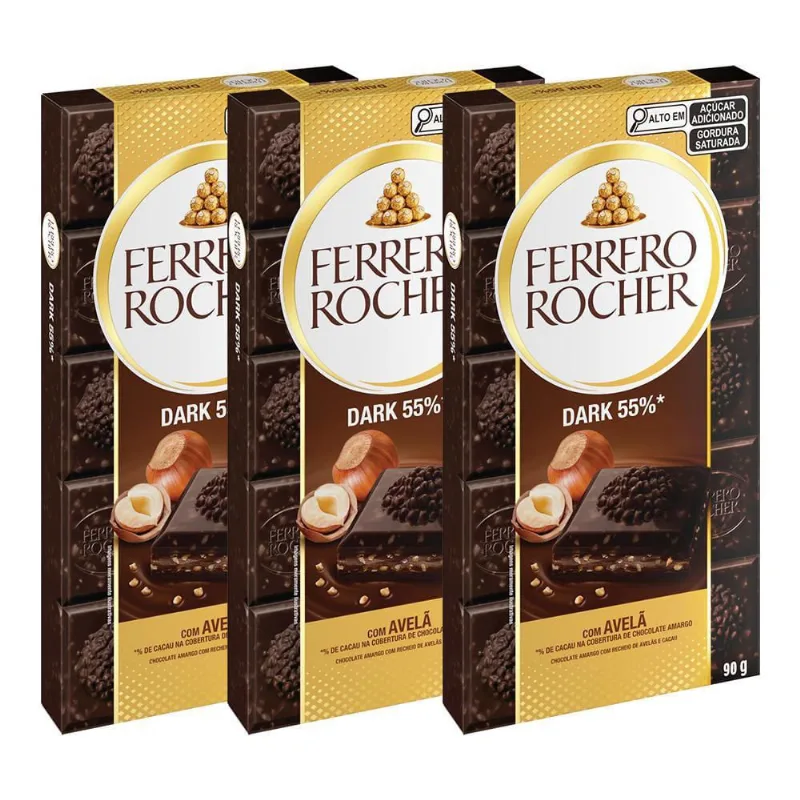 Chocolate Ferrero Rocher Dark 55% Avelã Kit 3 Barras De 90G
