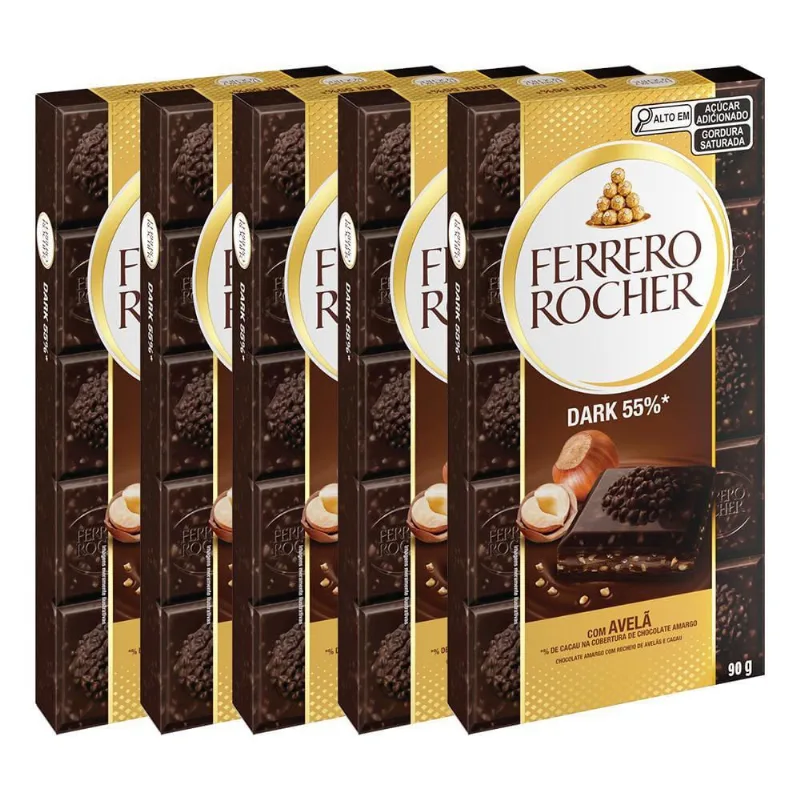 Chocolate Ferrero Rocher Dark 55% Avelã Kit 5 Barras De 90G