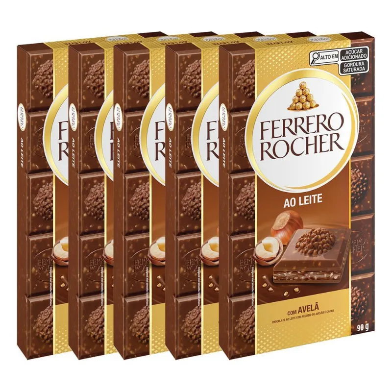 Chocolate Ferrero Rocher Ao Leite Avelã Kits 5 Barras De 90G
