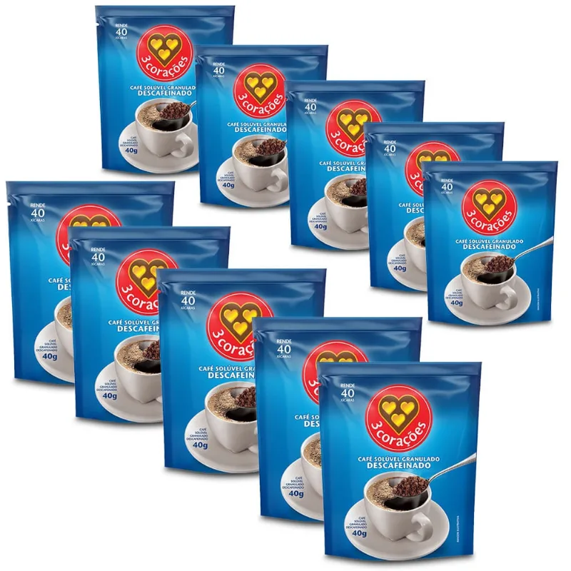 Café Solúvel Descafeinado Três Corações Kit 10 Refis de 40g