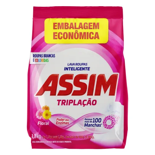 LAVA ROUPAS EM PÓ ROUPAS BRANCAS E COLORIDAS FLORAL ASSIM TRIPLAÇÃO PACOTE 1 8KG EMBALAGEM ECONÔMICA - ASSIM