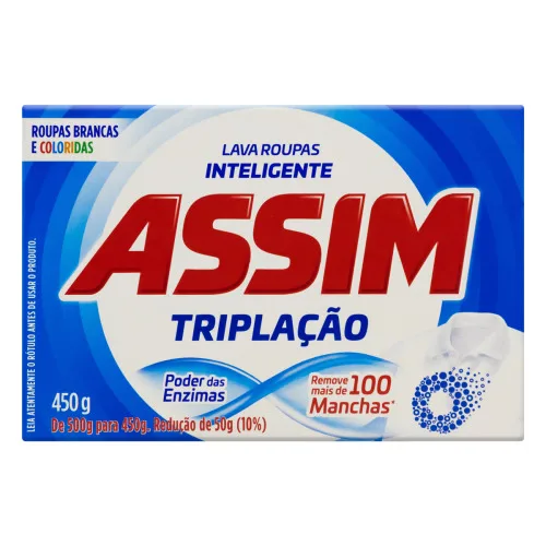 LAVA ROUPAS EM PÓ ROUPAS BRANCAS E COLORIDAS ASSIM TRIPLAÇÃO CAIXA 450G - ASSIM