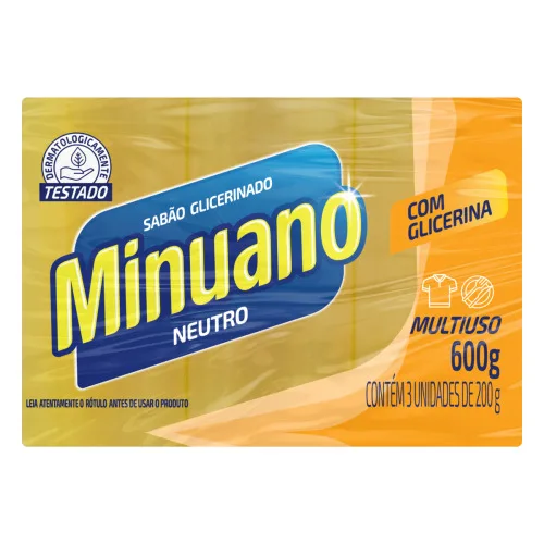 SABÃO EM BARRA GLICERINADO MULTIUSO NEUTRO MINUANO PACOTE 600G 3 UNIDADES - MINUANO