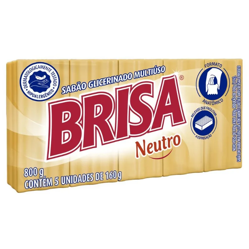 Sabão em Barra Glicerinado Brisa Multiuso Neutro 800g com 5 Unidades de 160g Cada