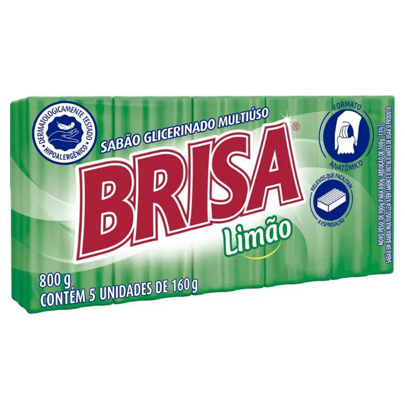 Sabão em Barra Glicerinado Brisa Multiuso Limão 800g com 5 Unidades de 160g Cada