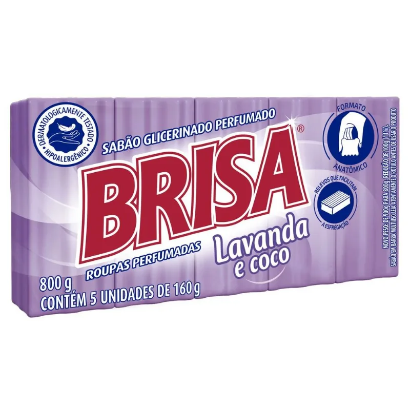Sabão em Barra Glicerinado Brisa Lavanda e Coco 800g com 5 Unidades de 160g Cada