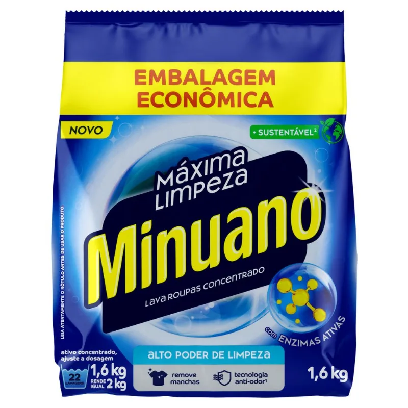 Lava-Roupas em Pó Concentrado Minuano Máxima Limpeza Pacote 1,6Kg Embalagem Econômica