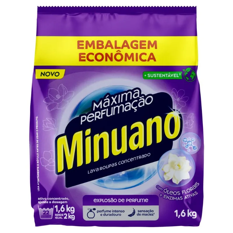 Lava-Roupas em Pó Concentrado Minuano Máximo Cuidado Pacote 1,6Kg Embalagem Econômica