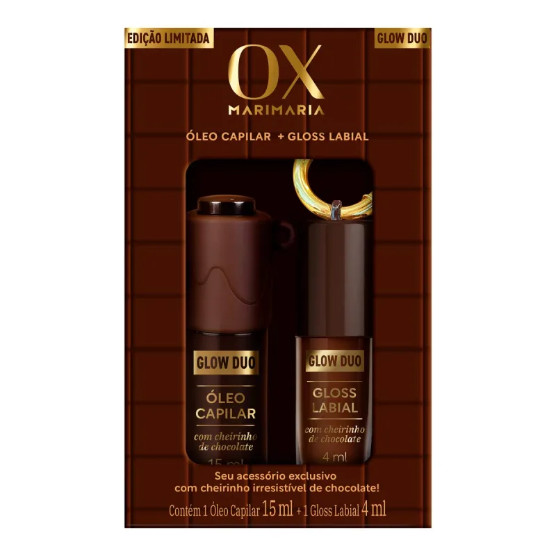 Kit OX Glow Duo Mari Maria Chocolate Óleo Capilar 15ml + Gloss Labial 4ml - OX - óleo Para Cabelo