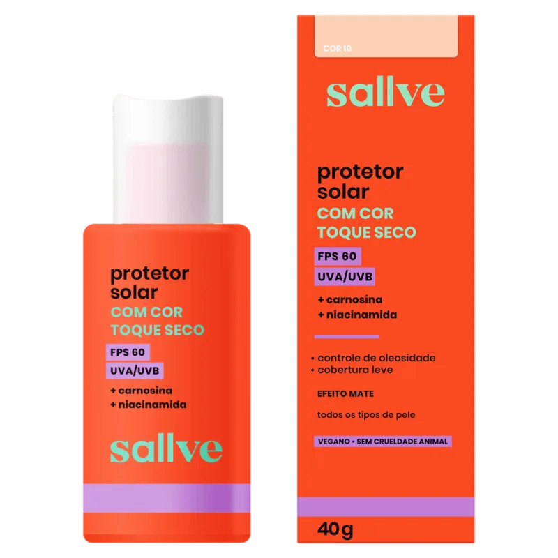 Protetor Solar Facial Sallve Toque Seco com Cor 10 FPS 60 - 40g - Sallve