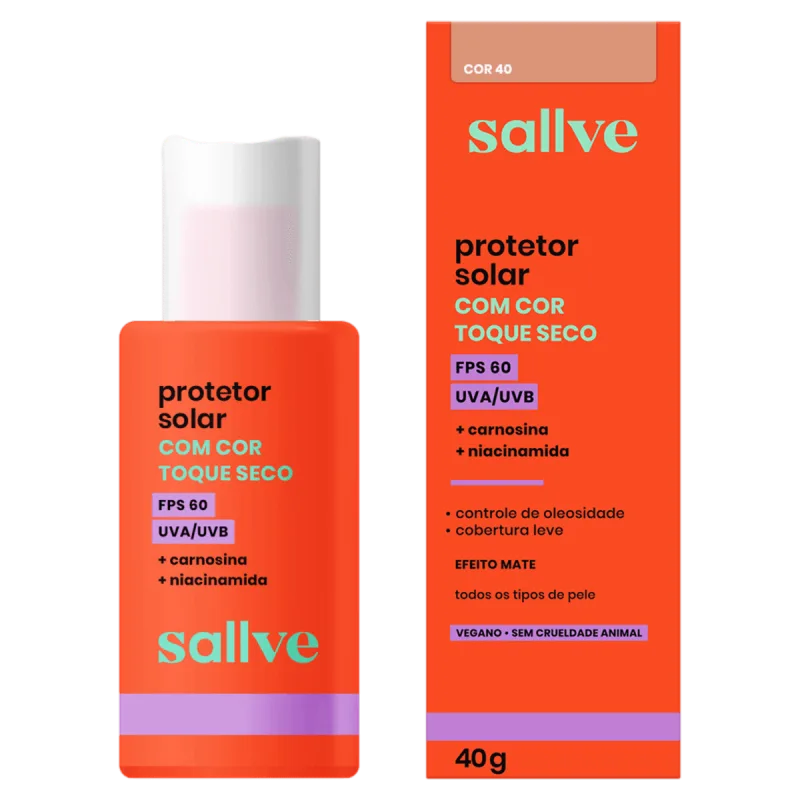 Protetor Solar Facial Sallve Toque Seco com Cor 40 FPS 60 - 40g - Sallve