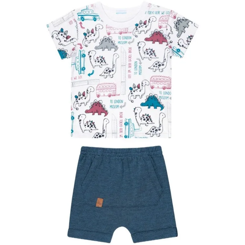 Conjunto Bebê Menino Verão. Camiseta e Short Moletinho, 2 peças, Dinossauros - Kamylus